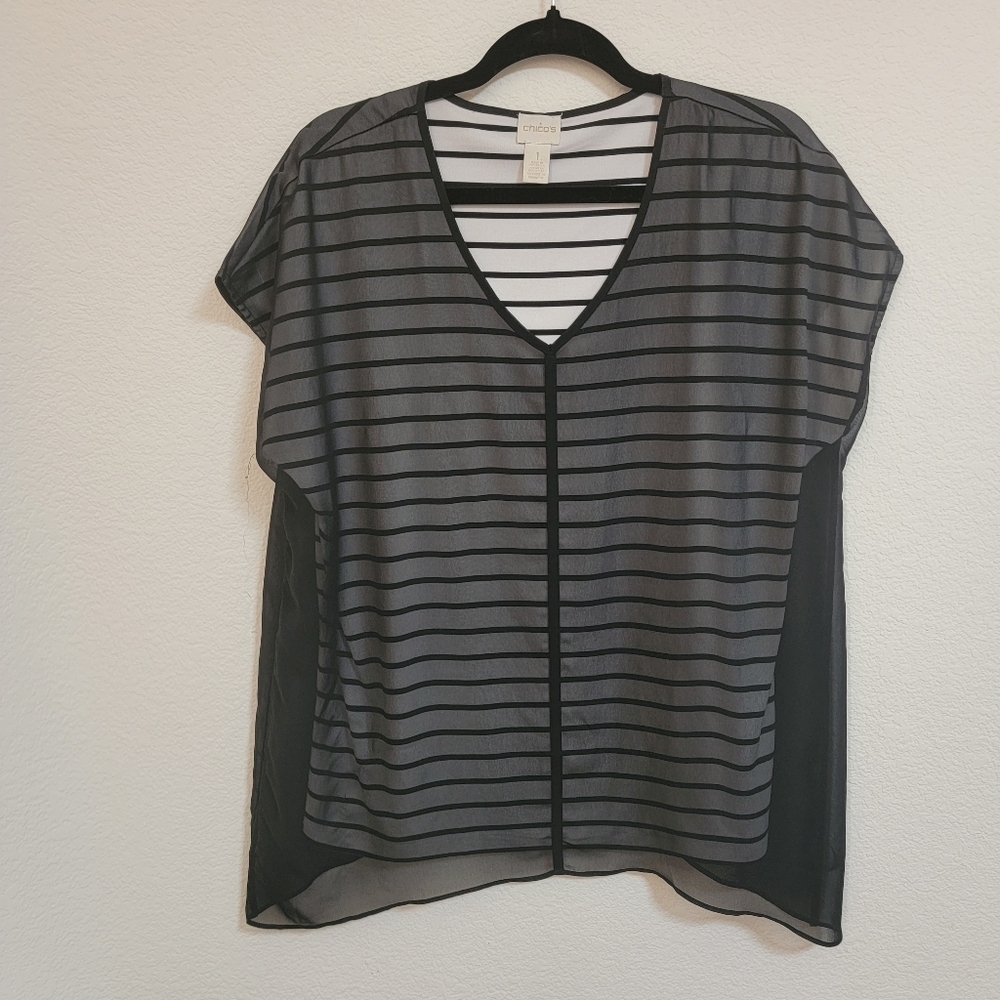Chico's Black And White Stripe Top With Black Sheer Overlay